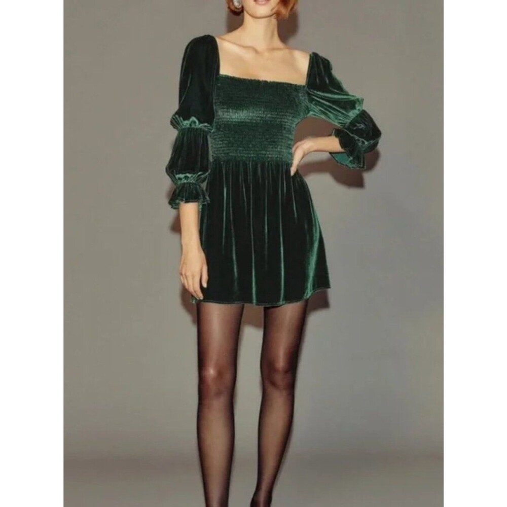 Reformation Albi Velvet Mini Dress Emerald Green Smocked Puff Sleeve Small